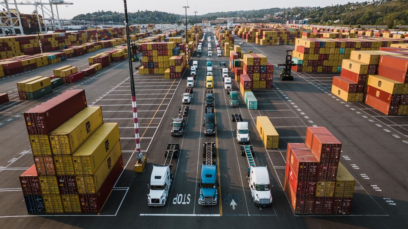 Trucks lined up at a port